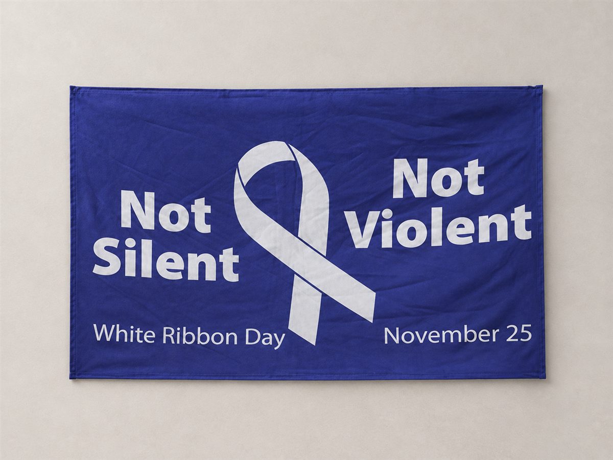 AI-styled presentation of a printed blue event banner