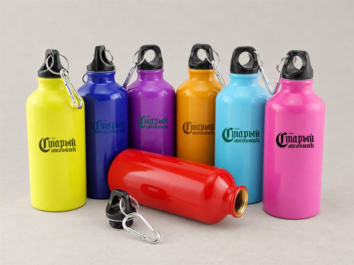AI-styled presentation of seven coloured aluminium water bottles